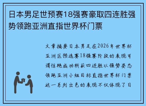 日本男足世预赛18强赛豪取四连胜强势领跑亚洲直指世界杯门票